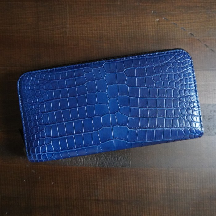 藍染ロイヤルブルーポロサスクロコダイル定番ラウンドファスナー長財布