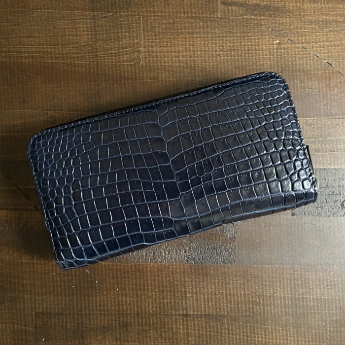 藍染濃紺ポロサスクロコダイル定番ラウンドファスナー長財布